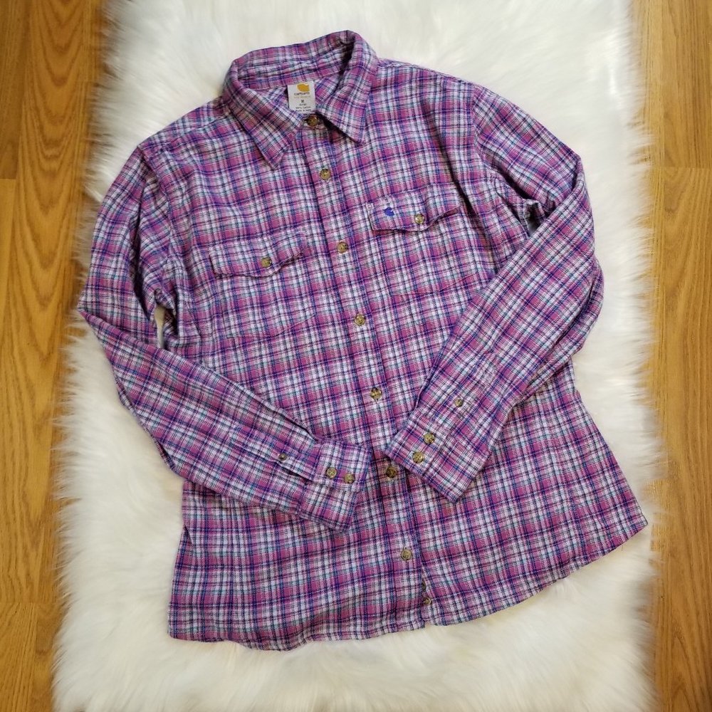 Vintage Women’s Carhartt Size M Pink & Blue Flannel LS Button Front